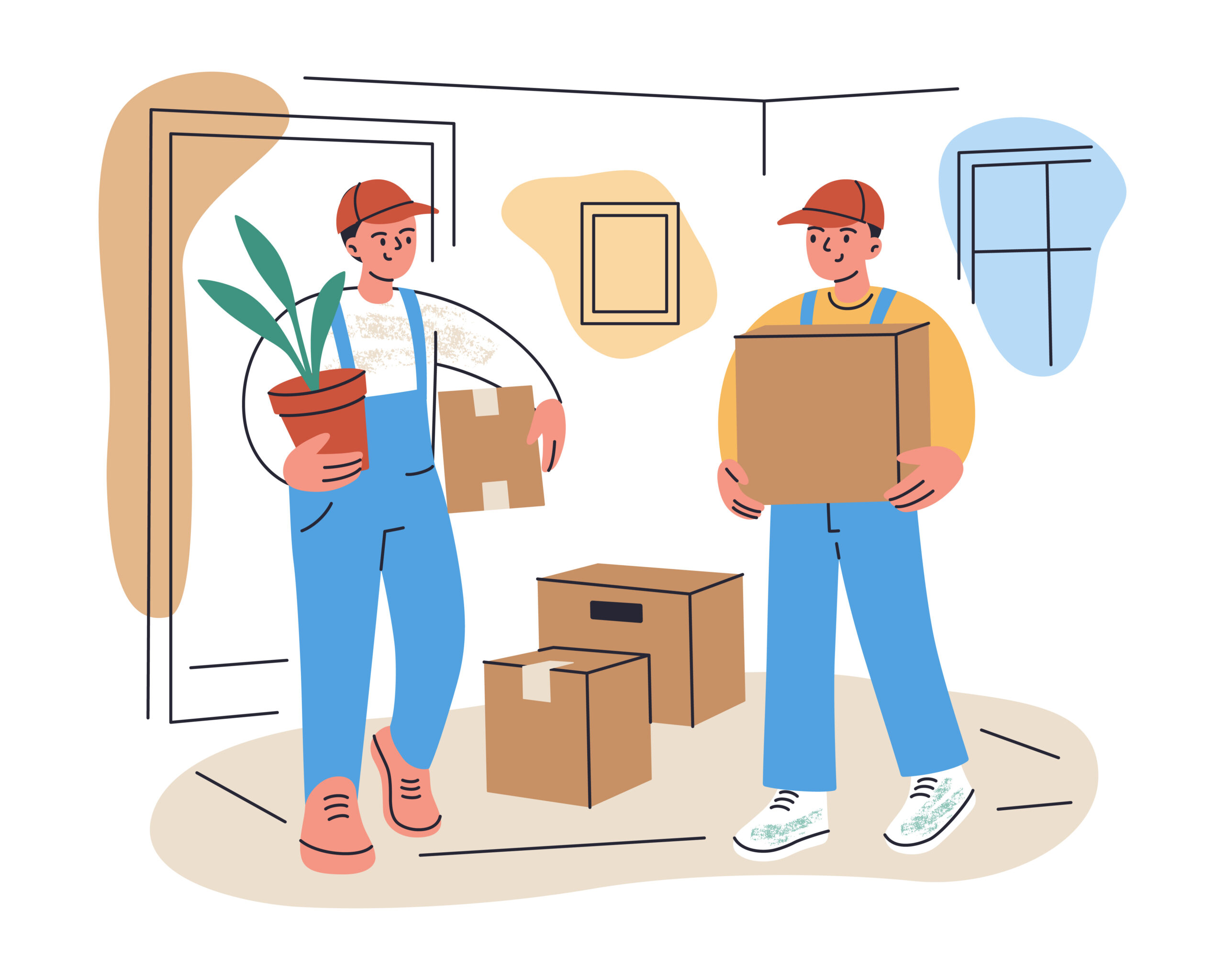 flat cartoon illustration of two male movers in uniform carrying boxes and potted plant. apartment interior in background. moving service, transport company, relocation vector illustration